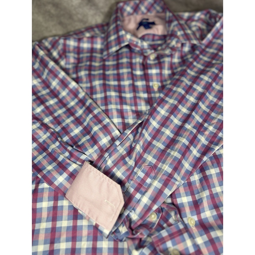 Egara Non Iron Slim Fit Dress Shirt Mens L Blue Pink Plaid 100% Cotton LS